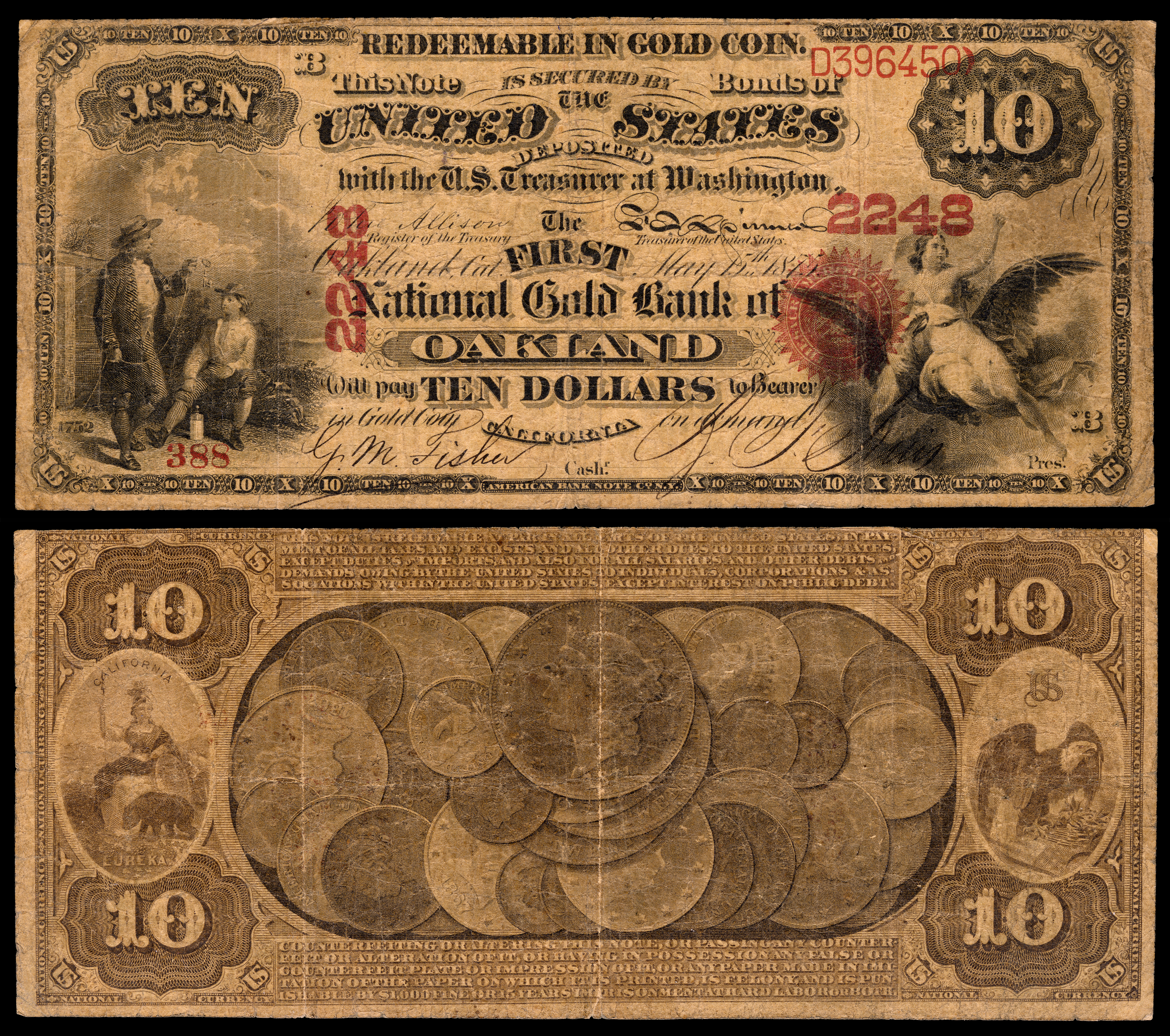 Both sides of a ten dollar paper bank note, including text reading "secured by bonds of the US deposited with eh US Treasurer at Washington" and an image of coinage on the reverse