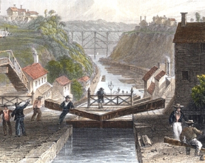 Engraving depicting a lock in early 19th century New York