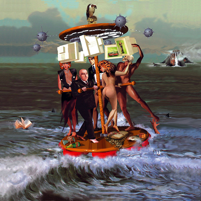 A surrealist painting of five people spinning on a merry-go-round-like vessel on the open ocean, in chase of advertised aspirations. Various elements of the image portray the danger of abandoning (or not abandoning) this pursuit.