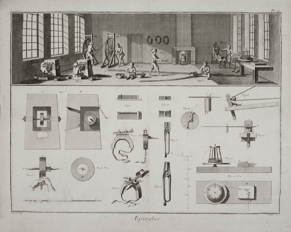 An etching of a small pin manufacturing workshop and the simple tools used therein.