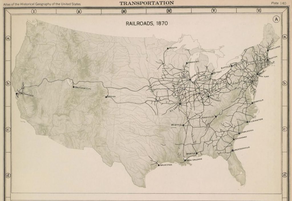 Map of rail lines across continental US, densely connected in the Northeast and across the upper Midwest, with only one line reaching the West Coast