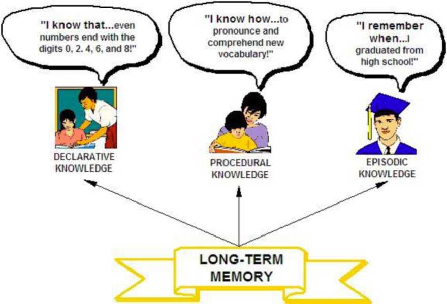 A flowchart of long-term memory. Long-term memory consists of declarative knowledge, procedural knowledge, and episodic knowledge.