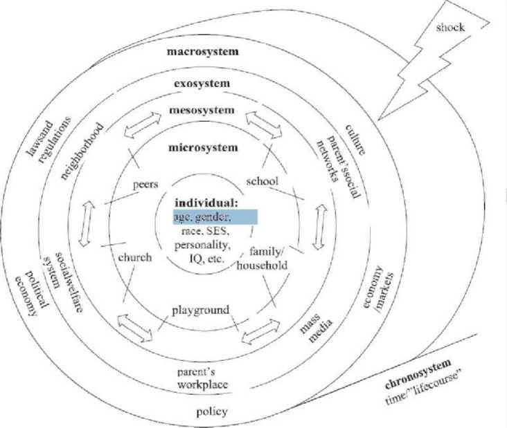 A diagram of the bioecological model of human development. It is represented by a series of six nested circles. The innermost circle represents the individual, and traits like age, gender, race, SES, personality, IQ, etc. The next circle is the microsystem, which contains peers, church, playground, family/household, and school. The next circle is the mesosystem, which is simply the relationships between elements in the mesosystem. The next circle is the exosystem, which contains parent's social networks, mass media, parent's workplace, social welfare system, and neighborhood. The next circle is the macrosystem, which contains culture, economy/markets, policy, political economy, and laws and regulations. The last circle is the chronosystem, which simply extends the previous systems throughout time/lifecourse.