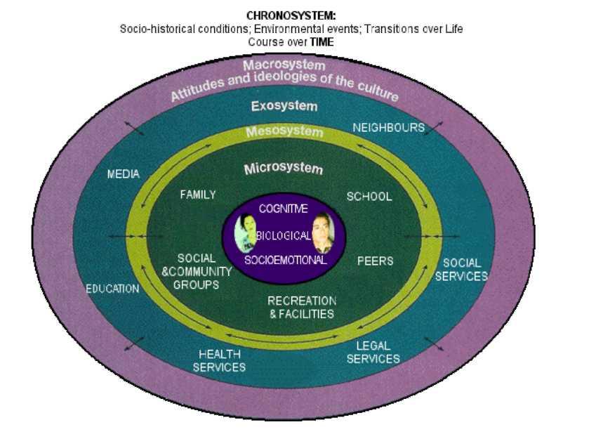 A diagram of the integrated ecological systems. The diagram consists of five nested circles. The innermost circle contains cognitive, biological, and socioemotional factors. The next circle is the microsystem, and contains school, peers, recreation and facilities, social and community groups, and family. The next layer is the mesosystem, which is the interactions between elements in the microsystem. The next circle is the exosystem, which contains neighbours, social services, legal services, health services, education, and media. The outermost layer is the macrosystem, which represents the attitudes and ideologies of the culture. The circles lie in the enveloping chronosystem, which represents socio-historical conditions, environmental events, transitions over life, and the general course over time.