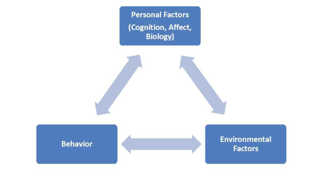 A flowchart showing reciprocal determinism. Personal factors, such as cognition, affect, biology, in addition with behavior and environmental factors, influence each other.