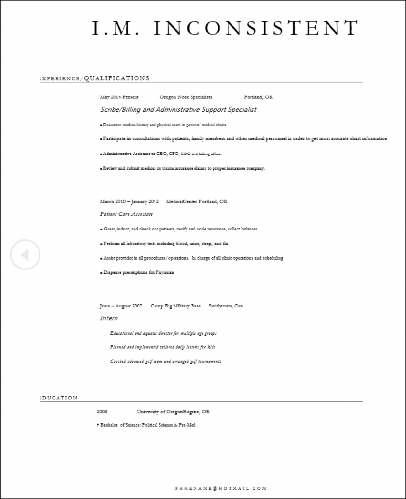 resume with inconsistent formatting, font, spacing, etc.