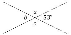 two straight lines crossing to form an X; small angle at right labeled 53 degrees, large angle at top labeled a, small angle at left labeled b, large angle at bottom labeled c