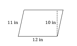a parallelogram with a slanted side marked 11 inches, a horizontal side marked 12 inches, and a vertical height marked 10 inches