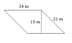 a parallelogram with a slanted side marked 21 meters, a horizontal side marked 24 meters, and a vertical height marked 15 meters