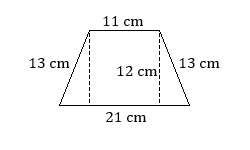 isosceles trapezoid with top base 11 centimeters, bottom base 21 centimeters, height 12 centimeters, left side 13 centimeters, right side 13 centimeters