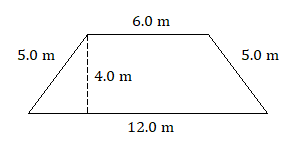 isosceles trapezoid with top base 6.0 meters, bottom base 12.0 meters, height 4.0 meters, left side 5.0 meters, right side 5.0 meters