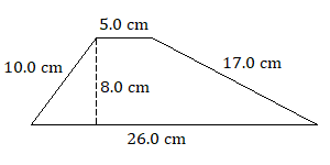 trapezoid with top base 5.0 centimeters, bottom base 26.0 centimeters, height 8.0 centimeters, shorter left side 10.0 centimeters, longer right side 17.0 centimeters