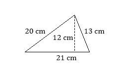 triangle with longer northwest side 20 centimeters, shorter northeast side 13 centimeters, horizontal base 21 centimeters, and vertical height 12 centimeters
