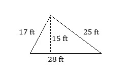 triangle with shorter northwest side 17 feet, longer northeast side 25 feet, horizontal base 28 feet, and vertical height 15 feet