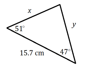 acute triangle labeled from the top going counterclockwise: side x, angle 51 degrees, side 15.7 cm, angle 47 degrees, side y, unmarked angle.