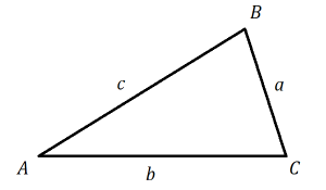 right triangle with acute angle A opposite side a, acute angle B opposite side b, and acute angle C opposite side c