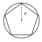 a regular pentagon inside a circle with all five corner points on the circle, and a radius from the center to one corner point labeled capital R