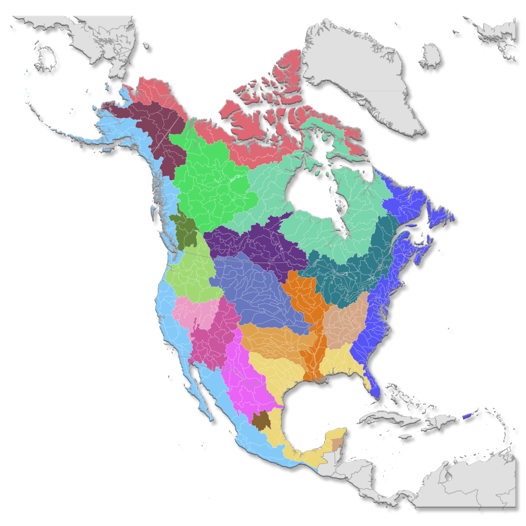 Watershed map of North America showing 2-digit hydrologic units.