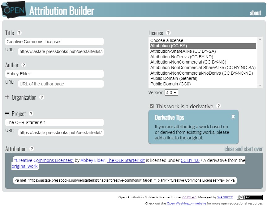 Screenshot of the open attribution builder with a popout highligting the derivative field.