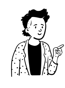 A black and white drawing of a person in a polka dot blazer pointing.