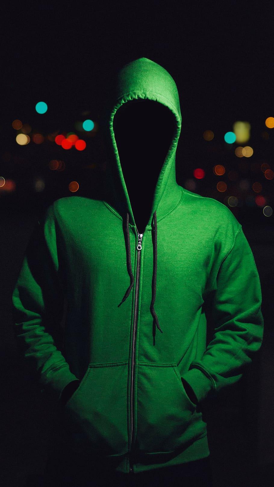 green, full-zip hoodie jacket, man, faceless, bokeh, horror, anonymous, surreal | Piqsels