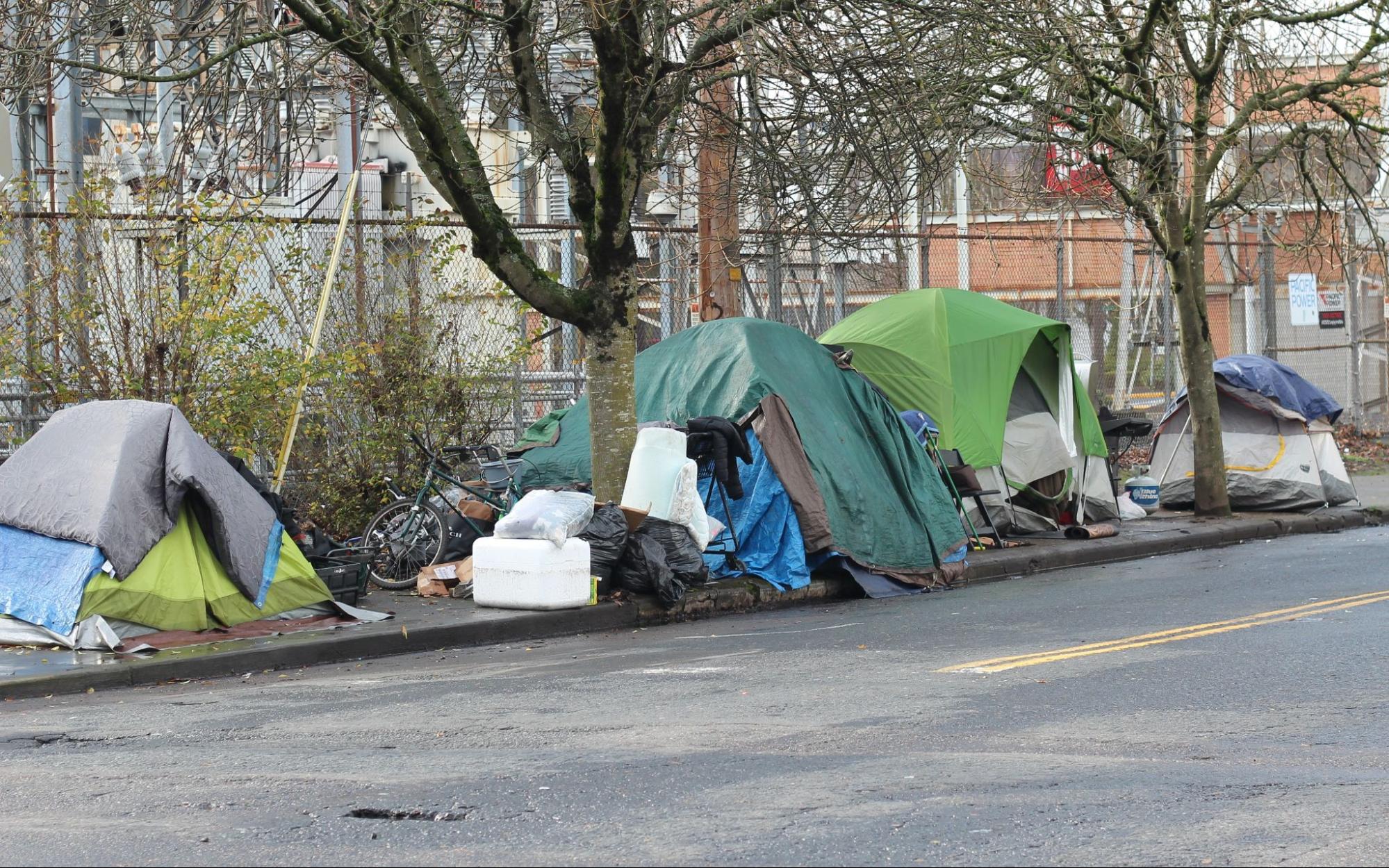 A sidewalk has four worn-looking and make-shift tents set up on the space between a chain link fence and the road.