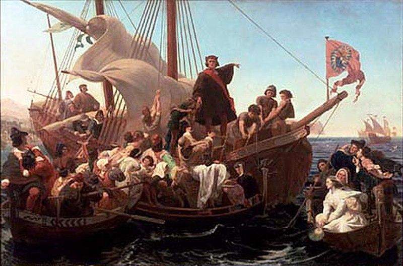 Painting displaying Christopher Columbus at the helm of a ship surrounded by boats and people.