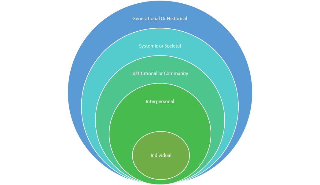 A series of five circles is laid out with the smallest to the largest labeled as follows: Individual, Interpersonal, Institutional or Community, Systemic or Societal, Generational or Historical.