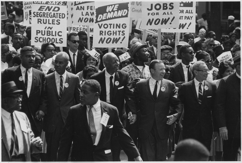 Civil rights leaders marching from the Washington Monument to the Lincoln Memorial.