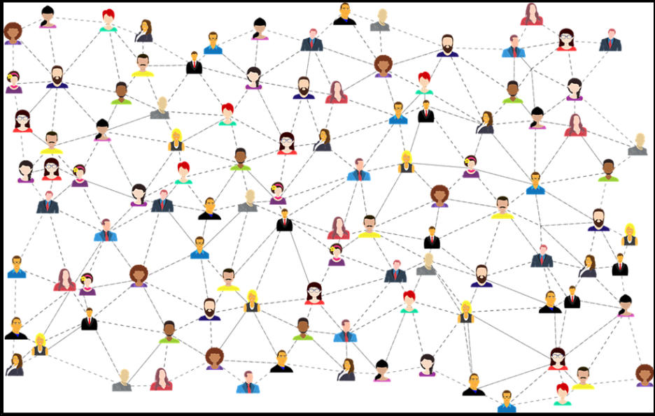 Images of many people connected by lines to create a web of people