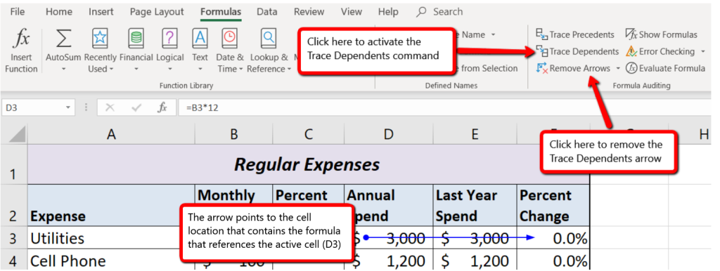 Formula tab open to activate Trace Dependents and blue dot is placed over activated cell. Arrows point to cell locations that contain formulas where active cell is referenced.