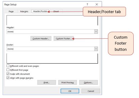 Open Page Setup dialog (F6, P, S, P), then use right arrow to reach Header/Footer tab. Type Alt + U to press the Custom Footer button.