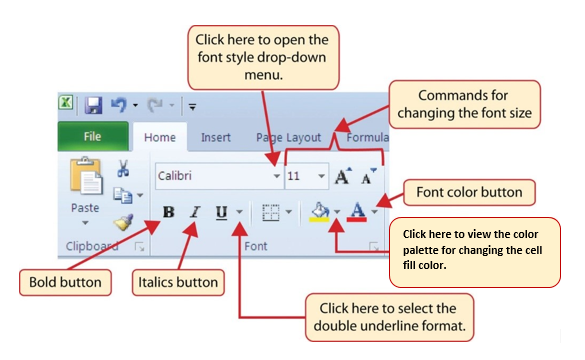 Font group of commands in Home tab containing Border button and commands such as font style, size, formatting, color, and cell fill color.