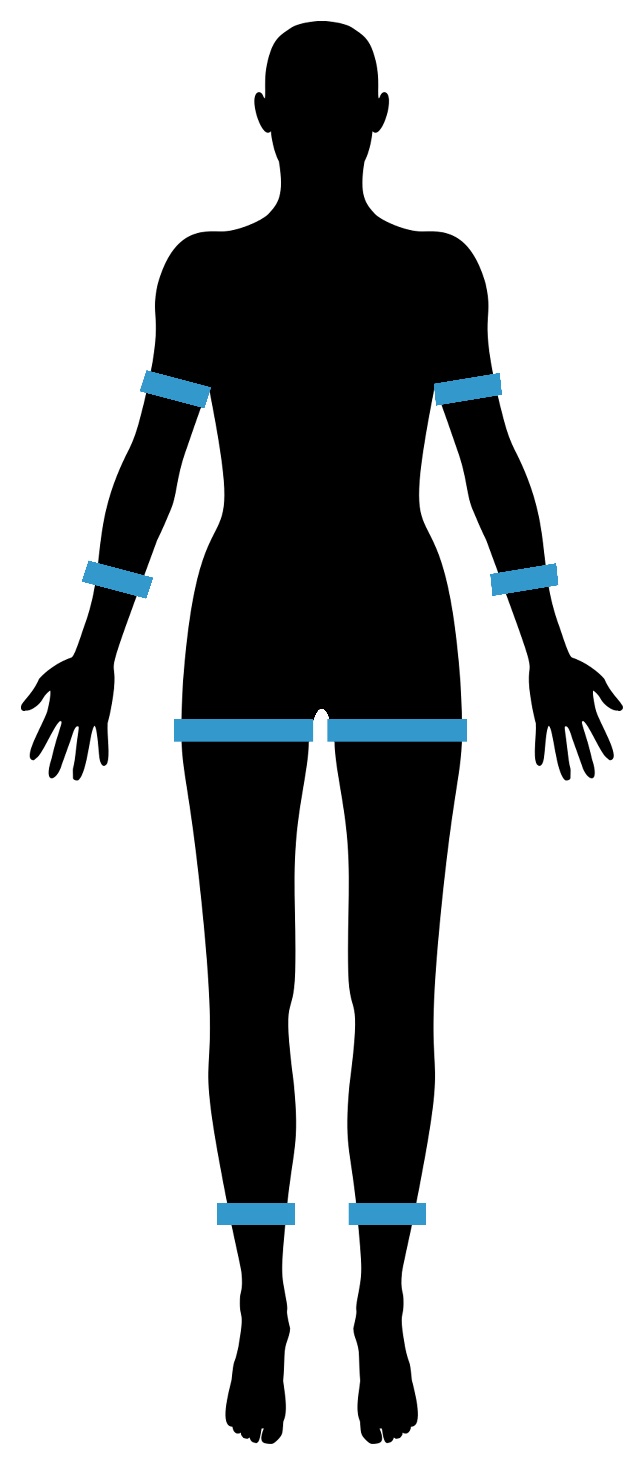A silhouette of a person's body. Tourniquet placement locations indicated.