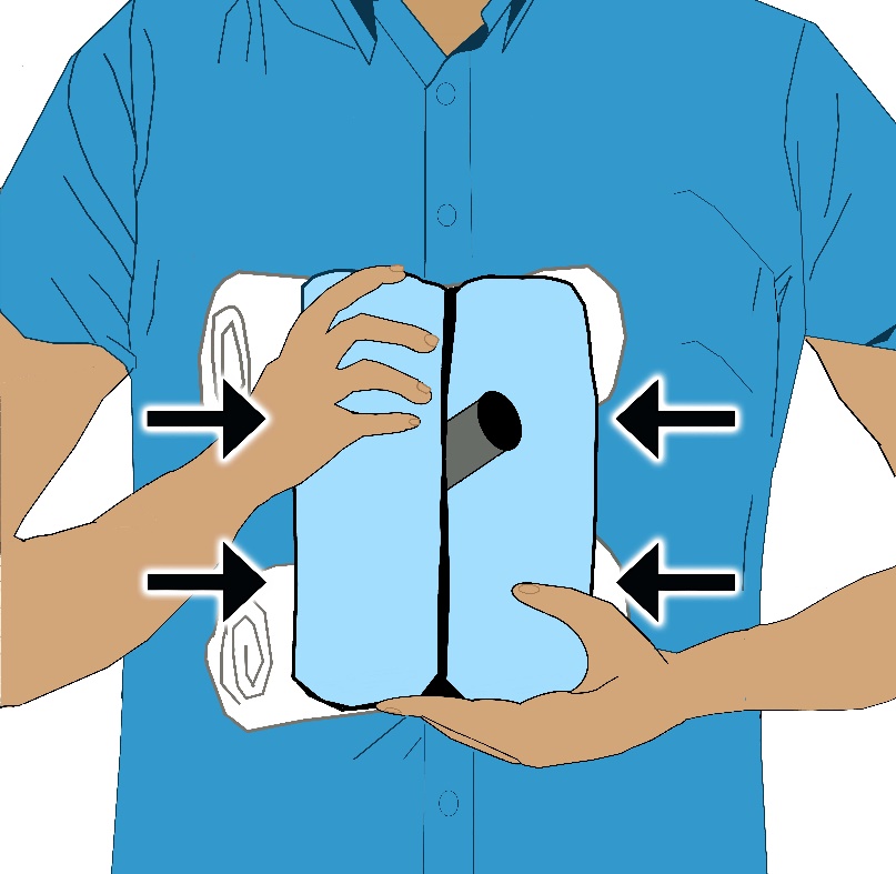 A graphic of bulky dressing being stacked to secure an impaled object on the anterior chest wall