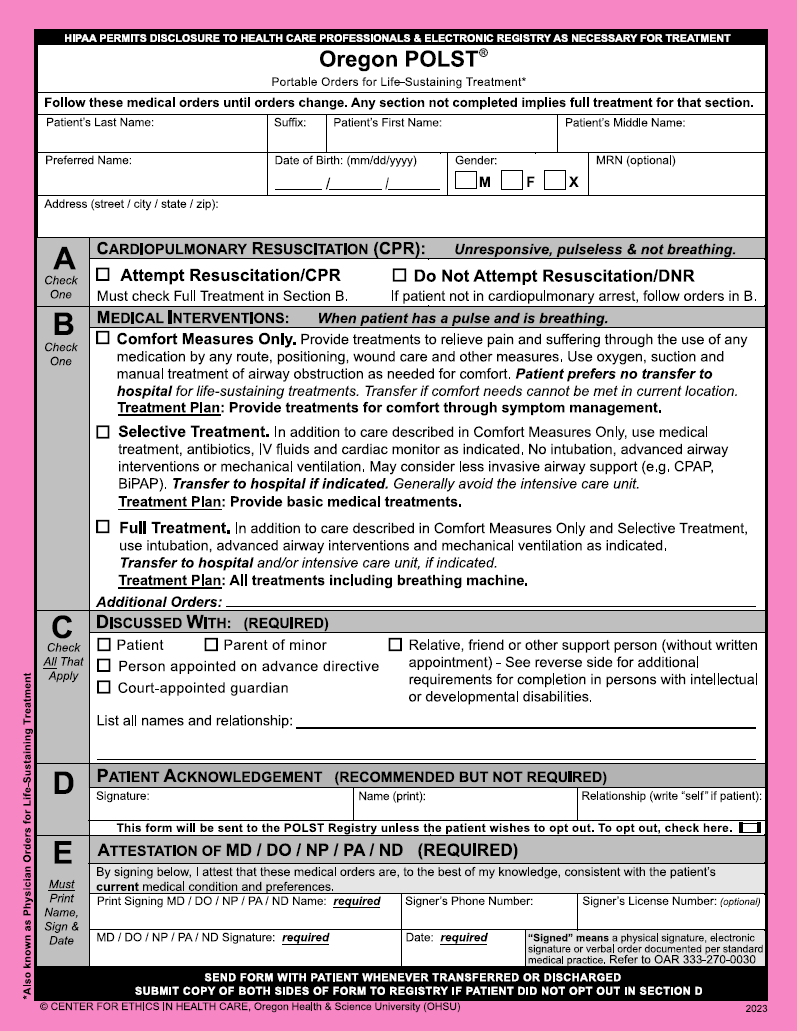 2019 Oregon POLST form front page only. Form fields exist for cardiopulmonary resuscitation, medical interventions including comfort measures, selective treatment and full treatment, and Discussed With (required) and Acknowledgement (recommended but not required) sections.