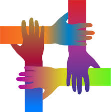 Four rainbow colored hands grasped into a a square