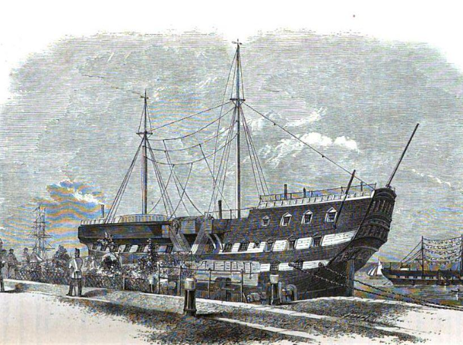 An image of the Warrior prison ship at dock.