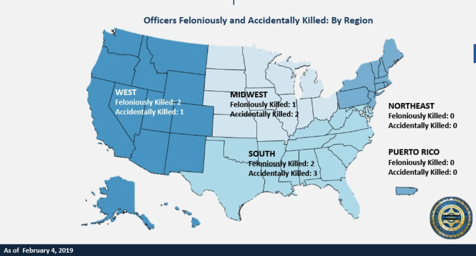 Color coded U.S . map broken into West, Midwest, South and Northeast, detailing officer deaths in each region.