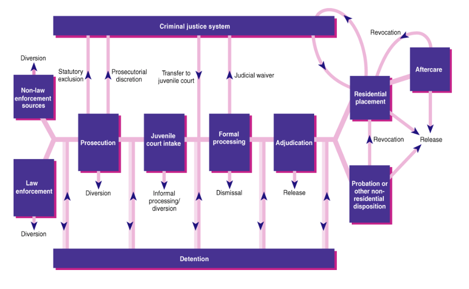 An example of a Juvenile Justice System Flow Chart noting decision points along the path.