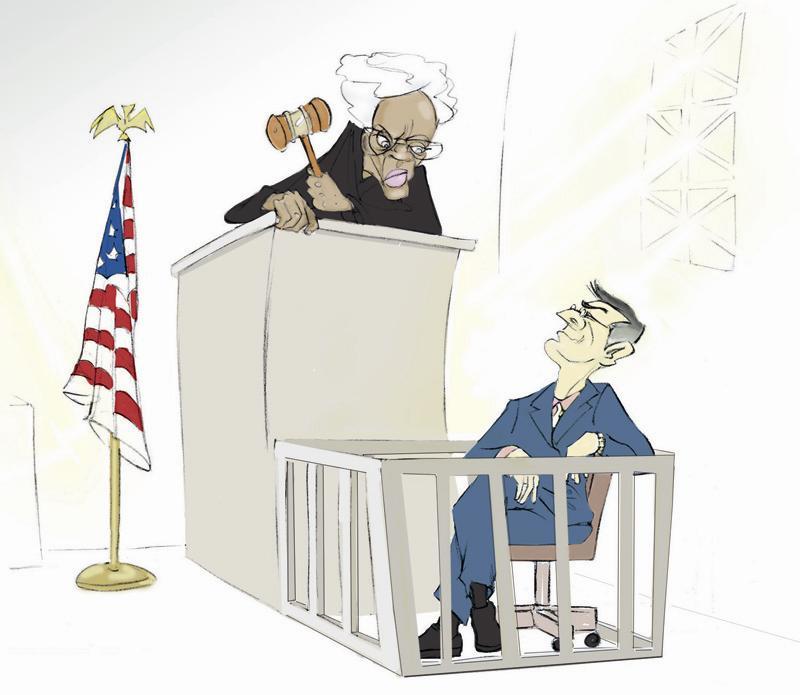 Cartoon of judge with angry facial expressions and white hair who looks at a smug expert witness in a suit.