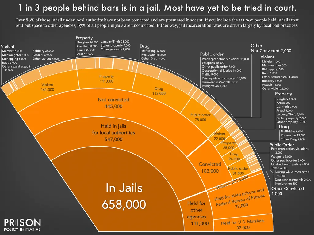 A pie graph, from the Prison Policy Initiative, breaking down the various individuals held within the Jail population by charge categories, convicted and not convicted and by local and other agency.