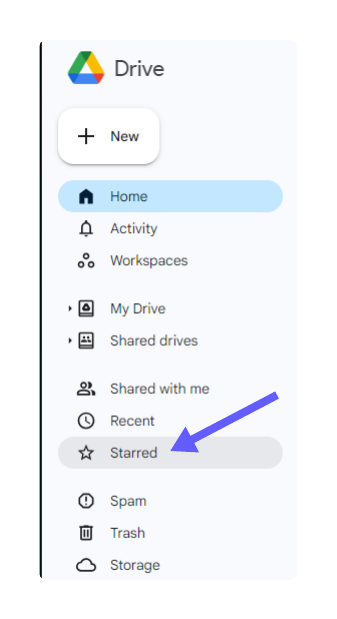 Google Drive screenshot with an arrow pointing at the Starred.