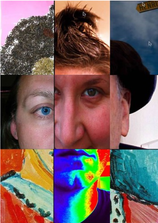 A composite portrait made from sections of paintings, selfies, and infrared images to create a single face