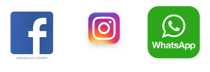 Logos for Facebook (blue square with a white f), Instagram (multicolor background with image of a camera), and WhatsApp (green background with telephone image)