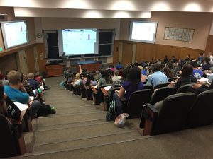 large lecture hall classroom with stadium seating
