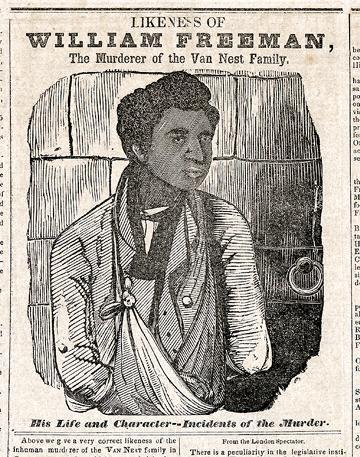 Illustrated news clipping of William Freeman in his jail cell in 1847