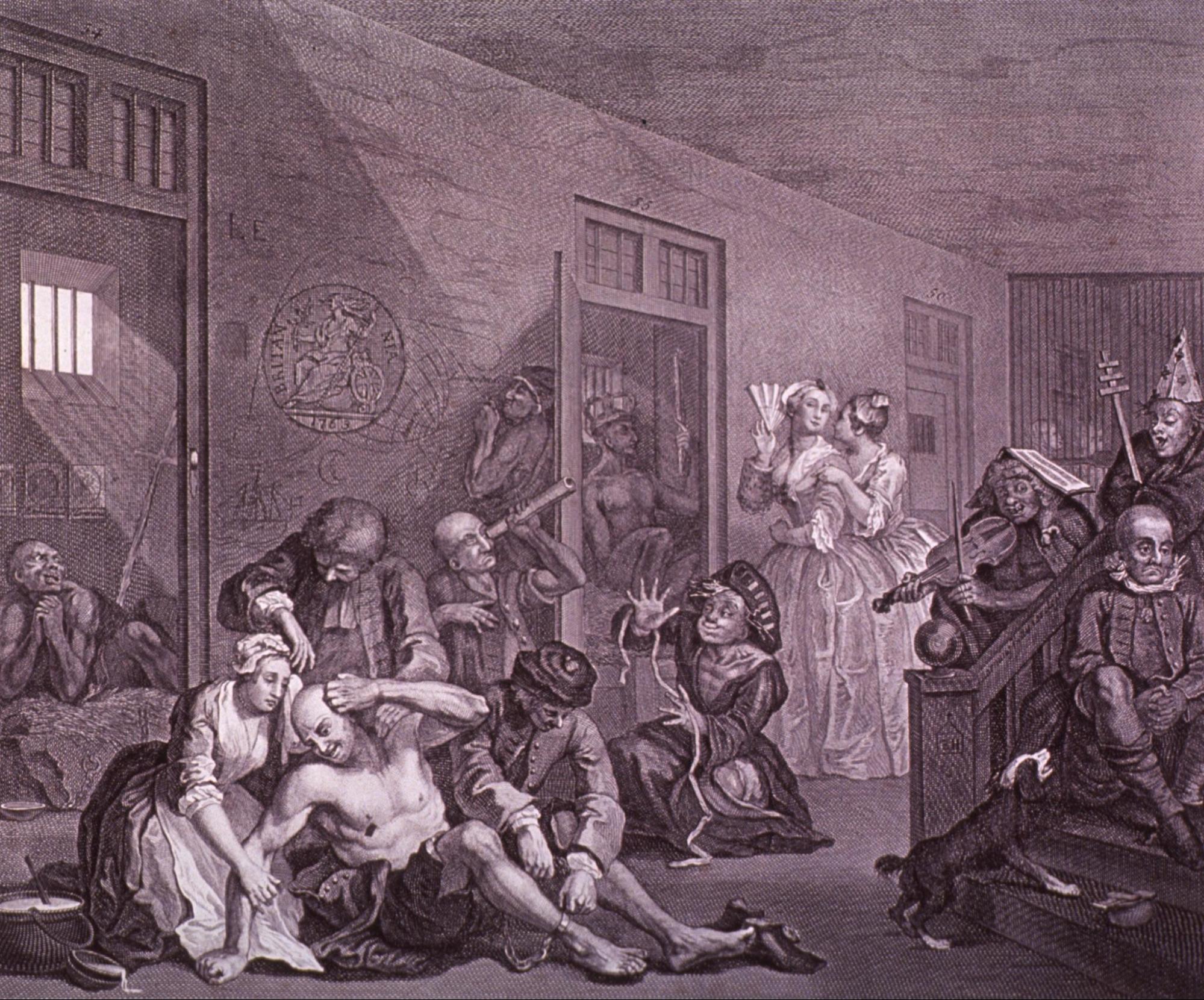 1734 artwork of mental hospital patients behaving in unusual ways