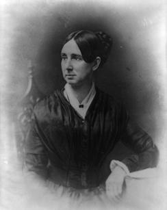 A black and white portrait of Dorothea Dix wearing a dark dress and looking into the distance