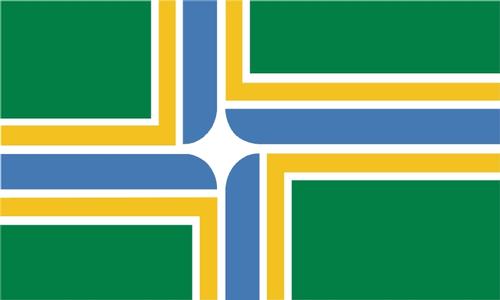Portland flag (green with blue and yellow stripes)